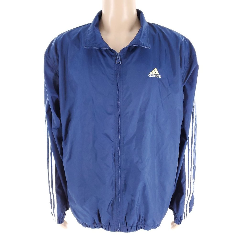 adidas Men Jacket Full Zip Nylon 3 White Striped Sleeves Blue Size XL